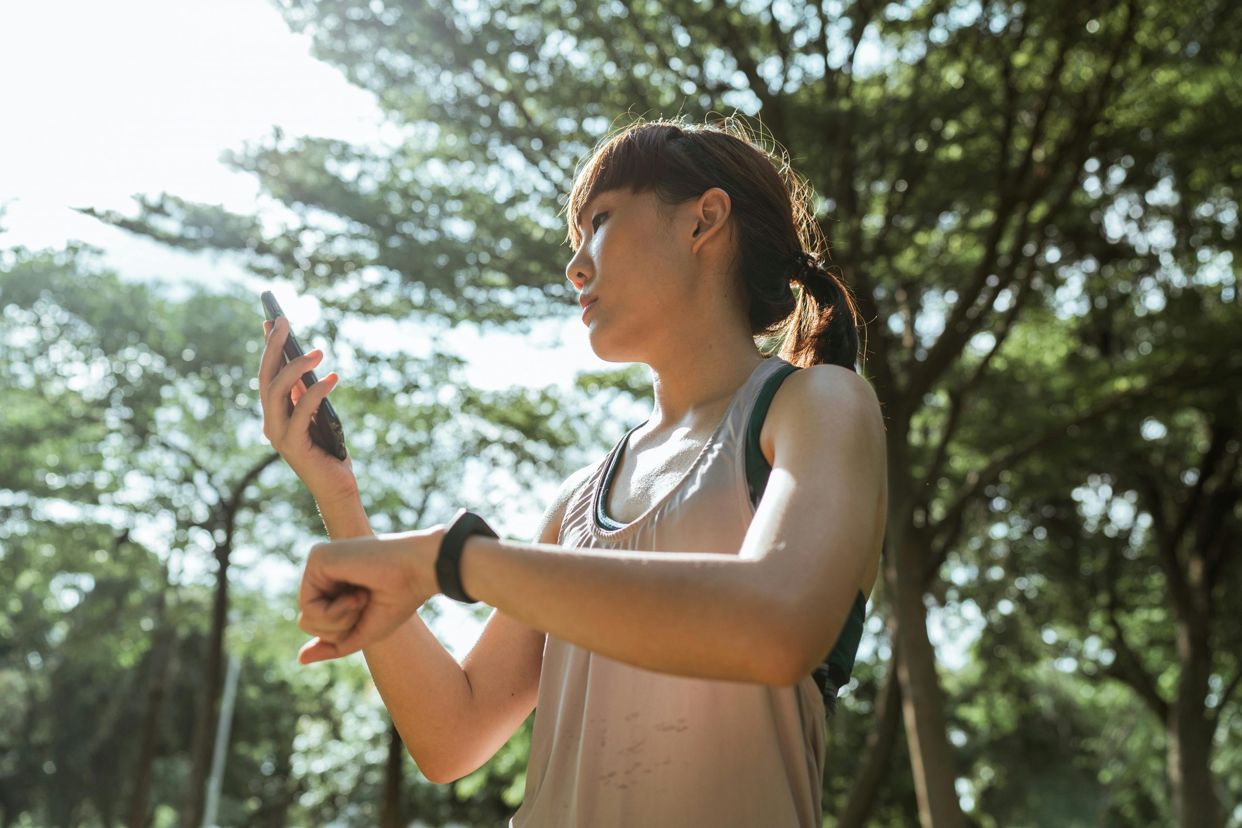 Wearable fitness gadgets worn by concentrating young Asian sportswoman in back lit wearing gray sports top surfing mobile phone and using tracker during workout in sunny summer park